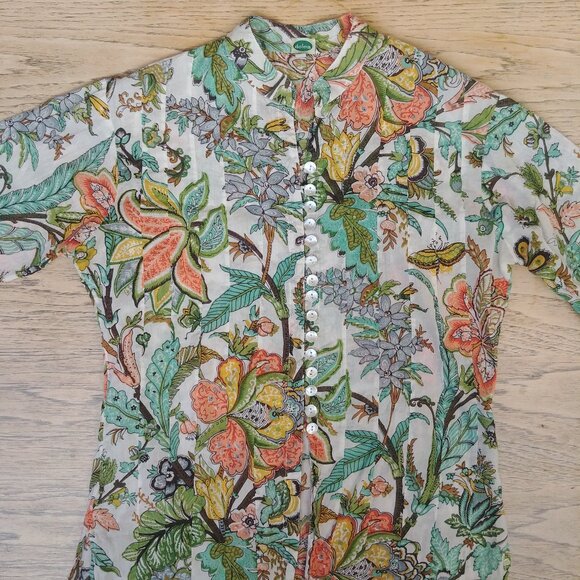 Dolma Medium tropical print cotton tunic top open front pearl shell buttons - Picture 5 of 15